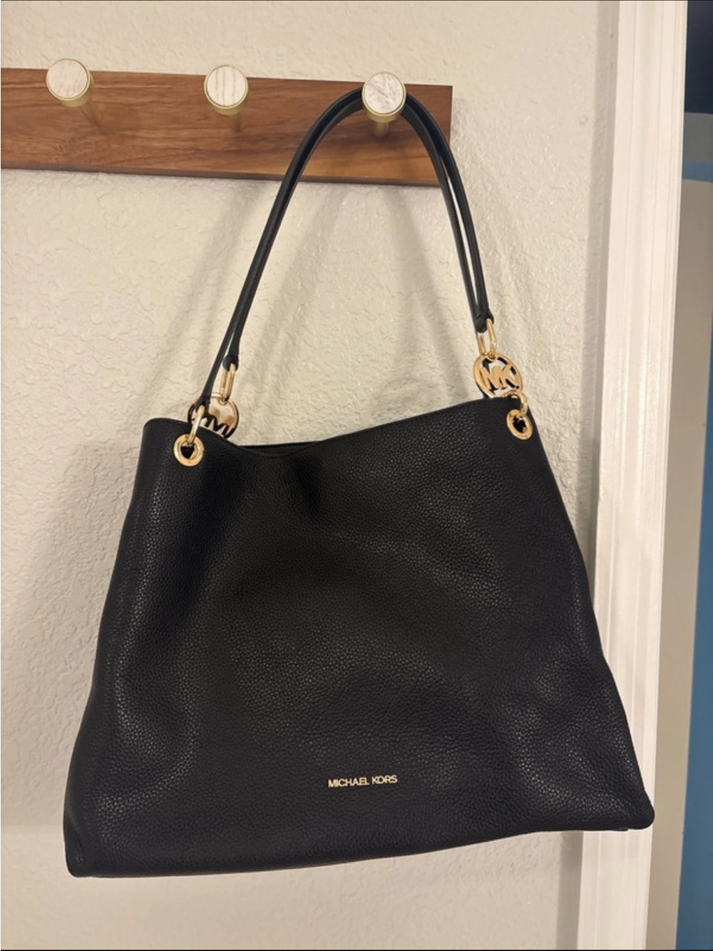 Michael Kors Black Pebbled Leather Hobo Shoulder Bag with Gold Hardware